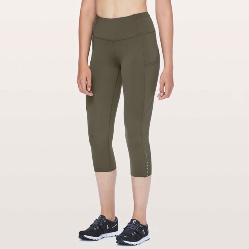 Lululemon Fast &‎ Free Crop II *Nulux 19" Dark Olive Running Leggings Size 4